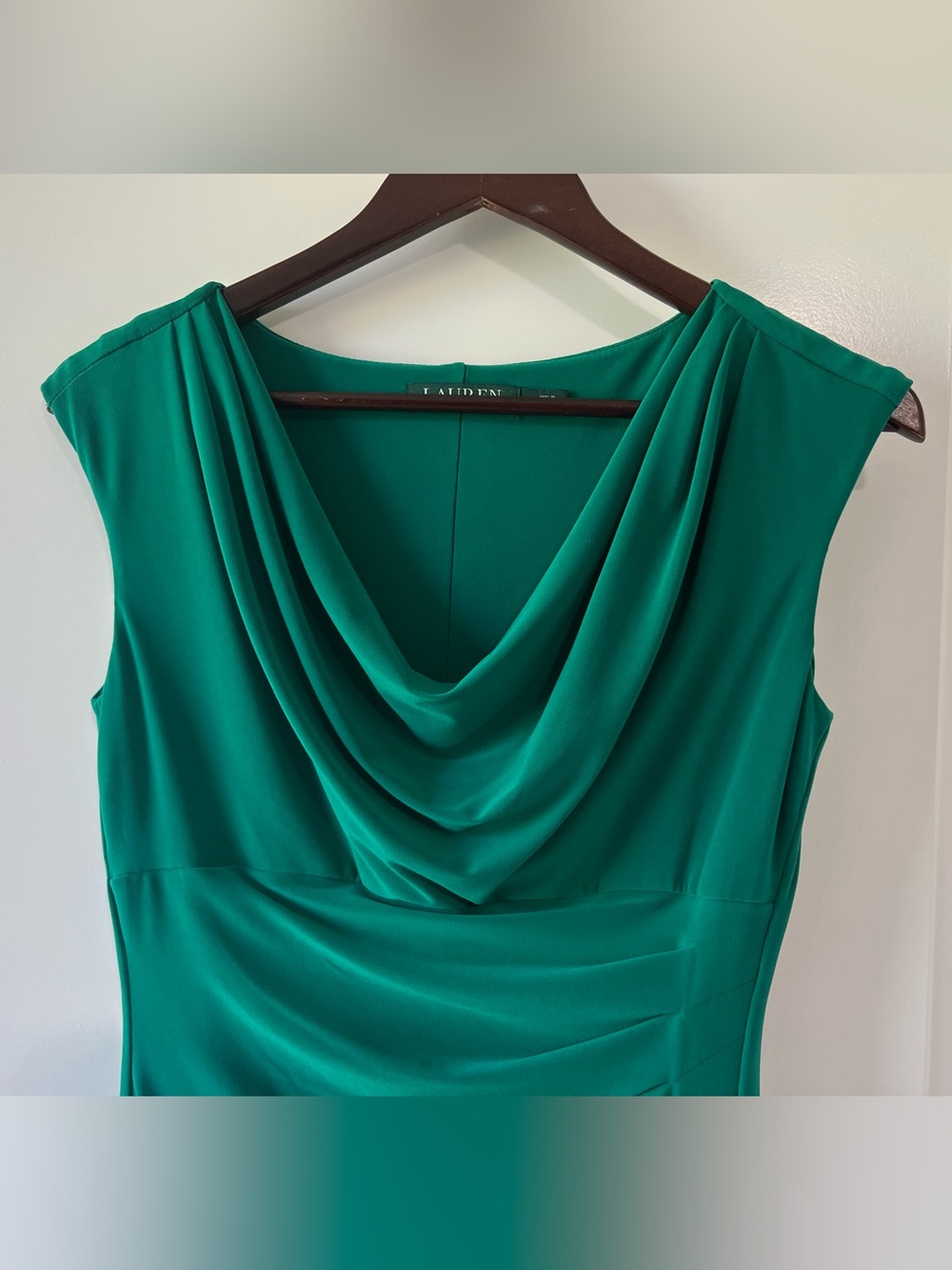 Ralph Lauren Cowl Neck Ruched Cocktail Sheath Dress Emerald Green Size 6 Elegant - Picture 3 of 8